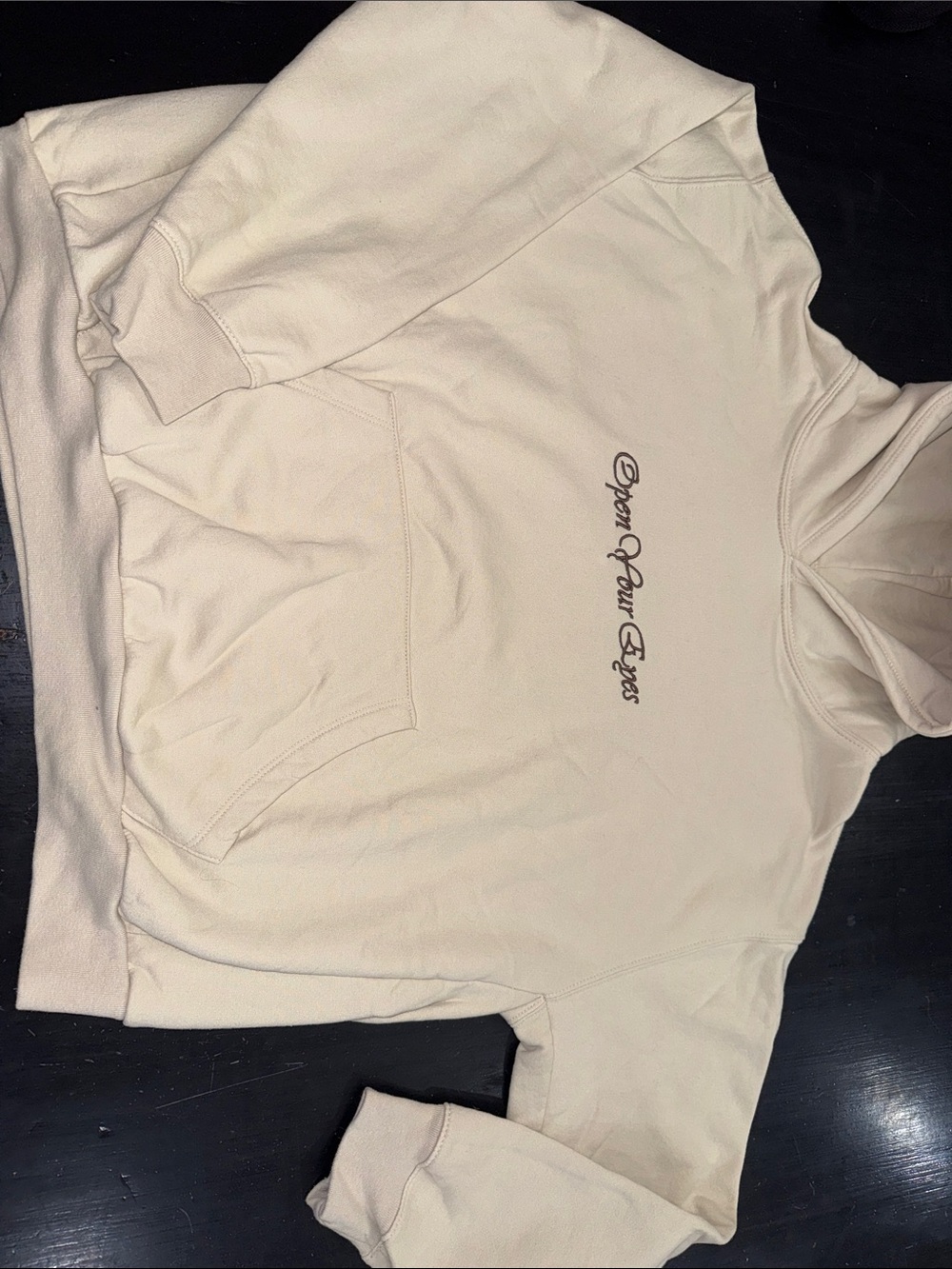LONELY GHOST open your eyes sweatshirt hoodie. light tan/beige. brown lettering.